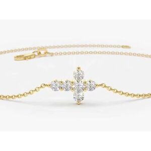 Diamond Cross Bracelet 14k Gold over Sterling Silver  8.5 inch Adjustable Chain‎